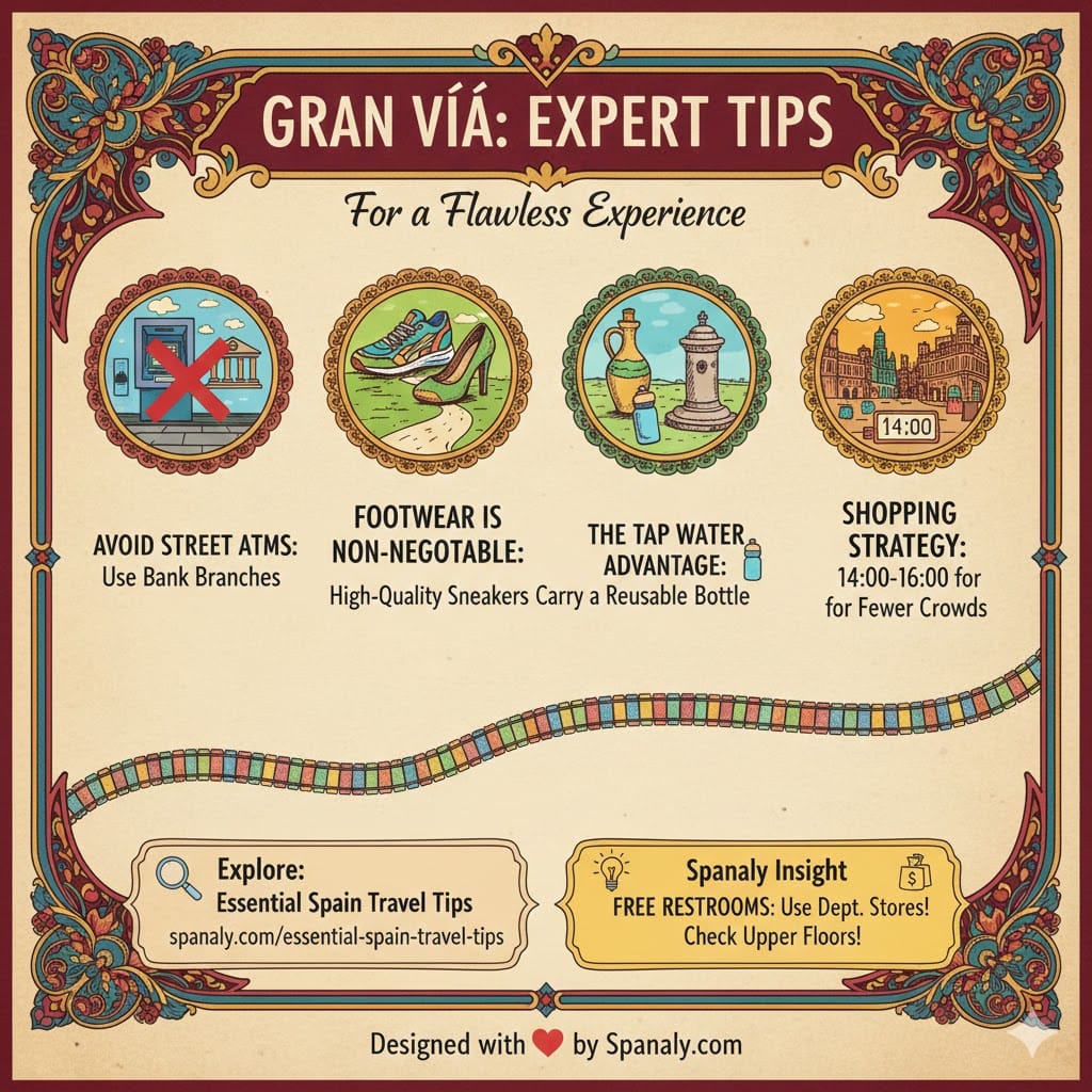 A colorful Pinterest-friendly infographic titled Gran Vía Expert Tips, featuring advice on ATMs, footwear, tap water, and shopping strategies in Madrid with Spanaly travel insights.