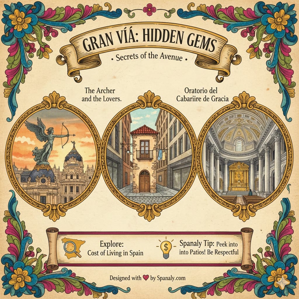 Elegant infographic about hidden gems on Gran Vía Madrid, featuring the Archer statue at number 31, the smallest house, and the Oratorio del Caballero de Gracia church.