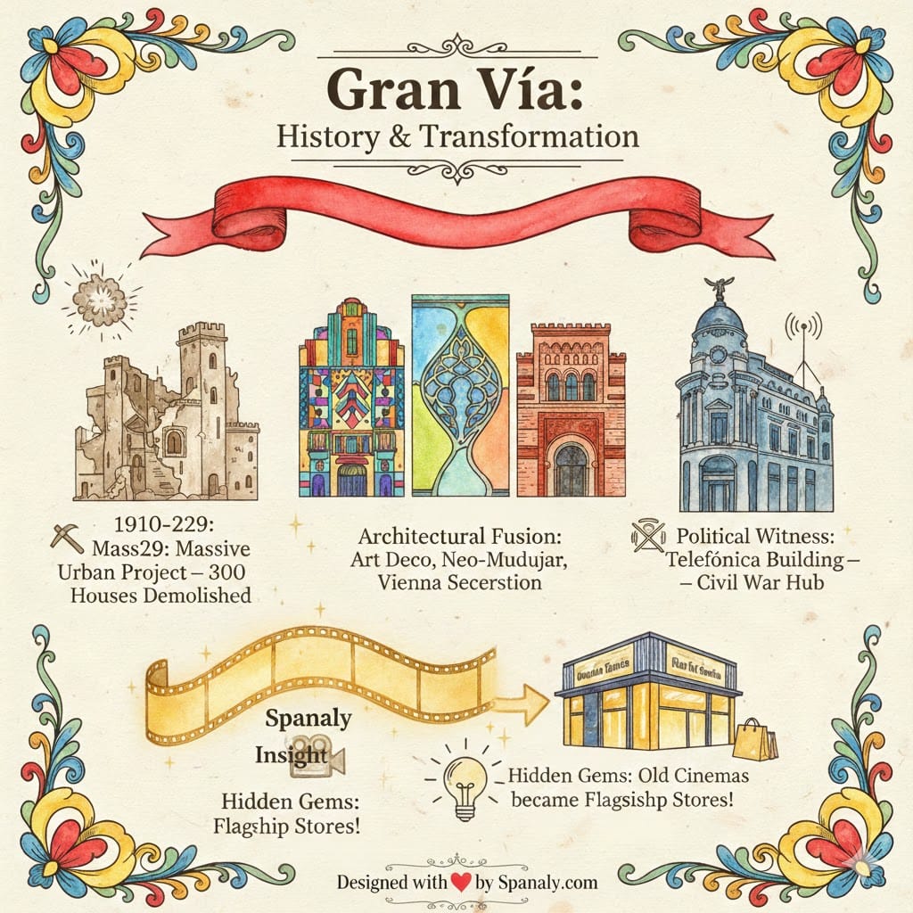 A colorful infographic showing the history of Gran Vía in Madrid, featuring architectural styles like Art Deco and Neo-Mudejar, the Telefonica building, and its transformation from cinemas to flagship stores.