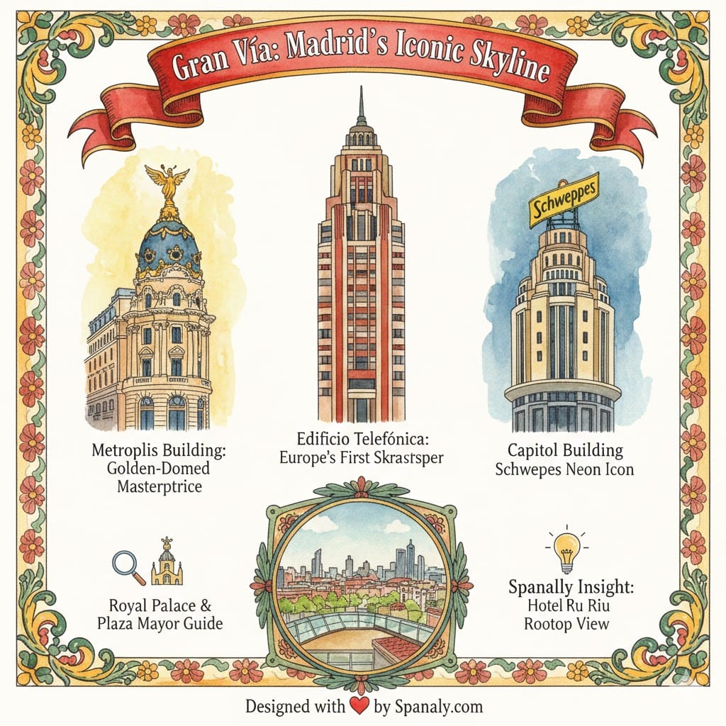 A colorful artistic infographic of Gran Vía's skyline in Madrid, featuring the Metropolis Building, Edificio Telefónica, and the Capitol Building with its Schweppes sign.