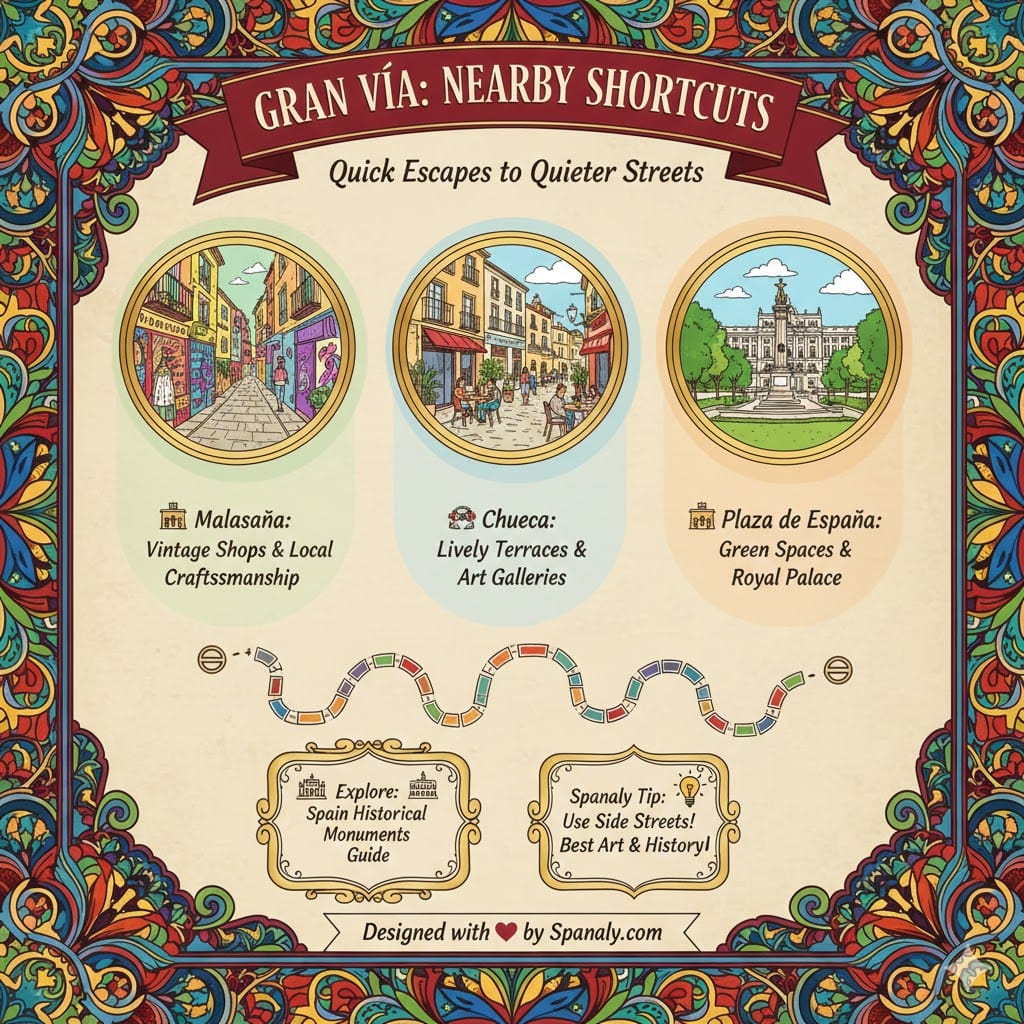 Colorful artistic infographic showing nearby shortcuts from Gran Vía to Malasaña, Chueca, and Plaza de España, with tips for exploring Madrid's historical monuments.