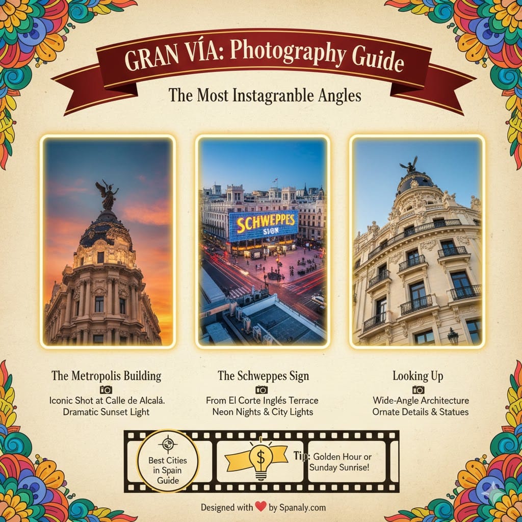 Photography guide infographic for Gran Vía Madrid, showcasing the Metropolis Building, the Schweppes sign at Callao, and architectural details, with tips for golden hour and sunrise shots.