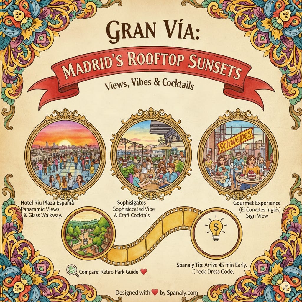 Colorful infographic about Gran Vía rooftops in Madrid, featuring Hotel Riu Plaza España, Picalagartos Sky Bar, and the Gourmet Experience at Callao, with sunset viewing tips.