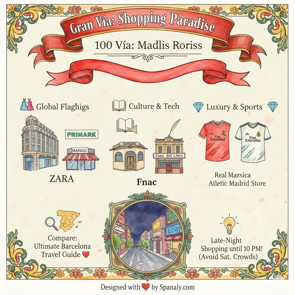 A colorful infographic of shopping on Gran Vía in Madrid, featuring logos for Zara, Primark, and Real Madrid stores, along with late-night shopping tips and a comparison to Barcelona.