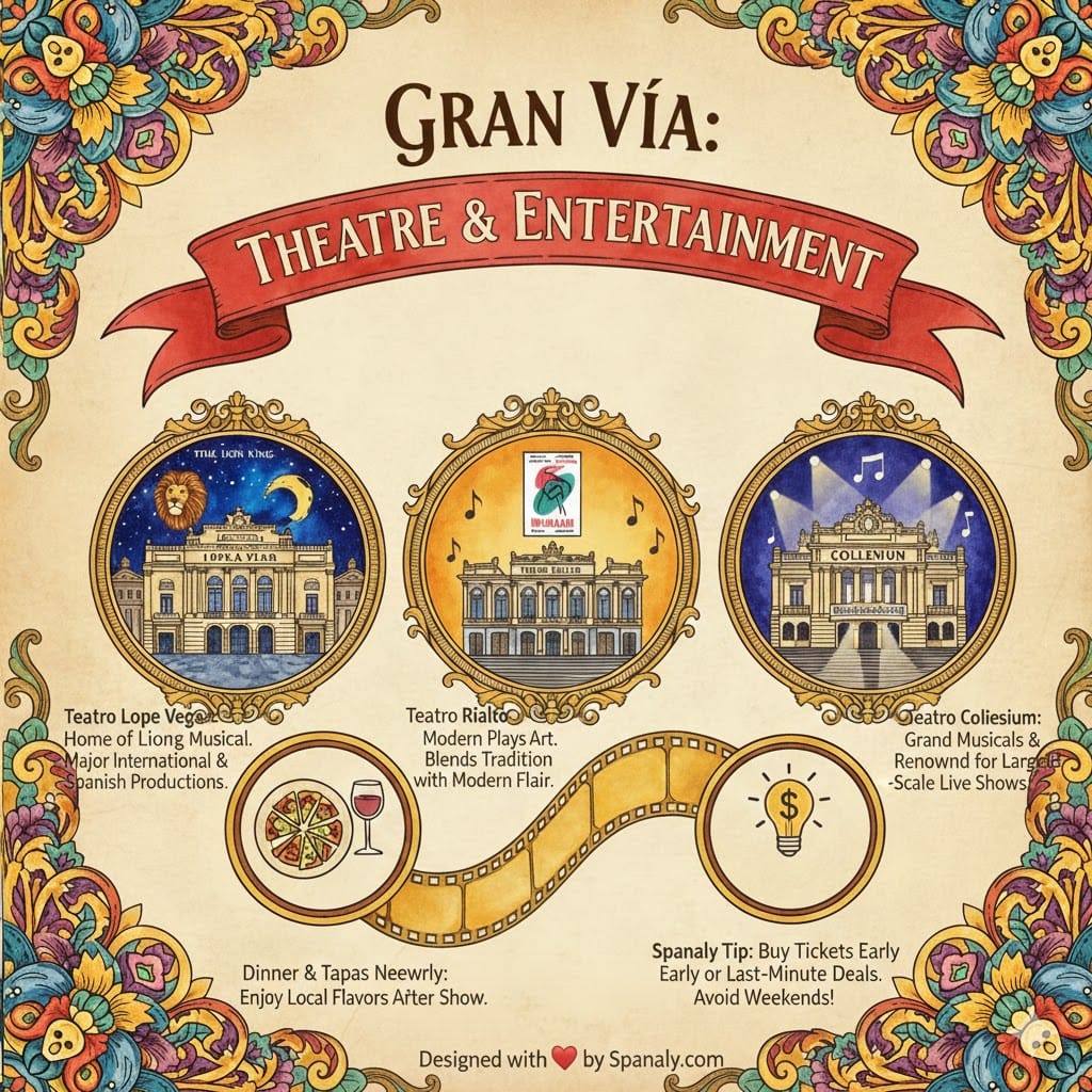 Detailed infographic of Gran Vía Madrid theatres, featuring Teatro Lope de Vega for Lion King, Teatro Rialto, and Teatro Coliseum with booking tips and dining advice.