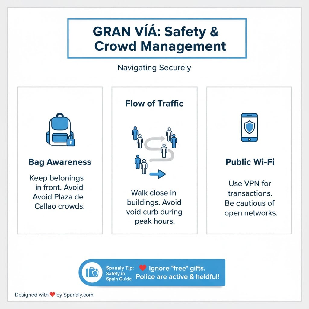 A clean minimalist infographic about safety on Gran Vía Madrid, featuring tips on bag awareness, navigating crowds, and public Wi-Fi security with a link to the Travel Safety in Spain guide.