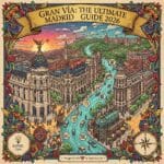 A detailed hand-drawn artistic map of Gran Vía Madrid, featuring the Metropolis Building, Schweppes neon sign, and iconic landmarks with expert travel icons and a vintage compass.