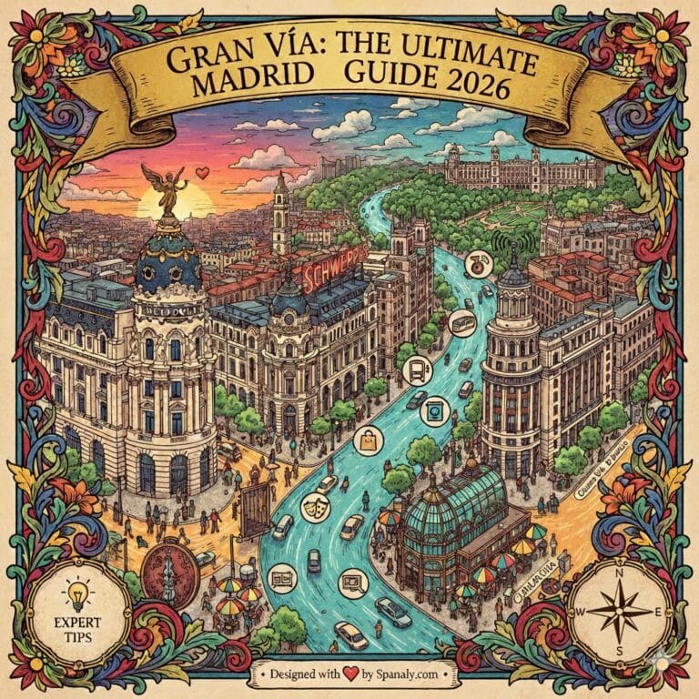 A detailed hand-drawn artistic map of Gran Vía Madrid, featuring the Metropolis Building, Schweppes neon sign, and iconic landmarks with expert travel icons and a vintage compass.