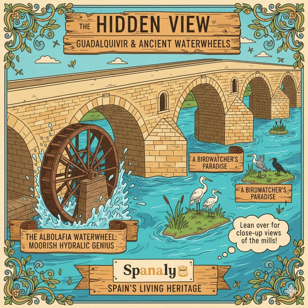 A beautiful infographic showing the Albolafia waterwheel and the natural bird sanctuary under the Roman Bridge of Córdoba, with Spanaly travel tips for birdwatchers.