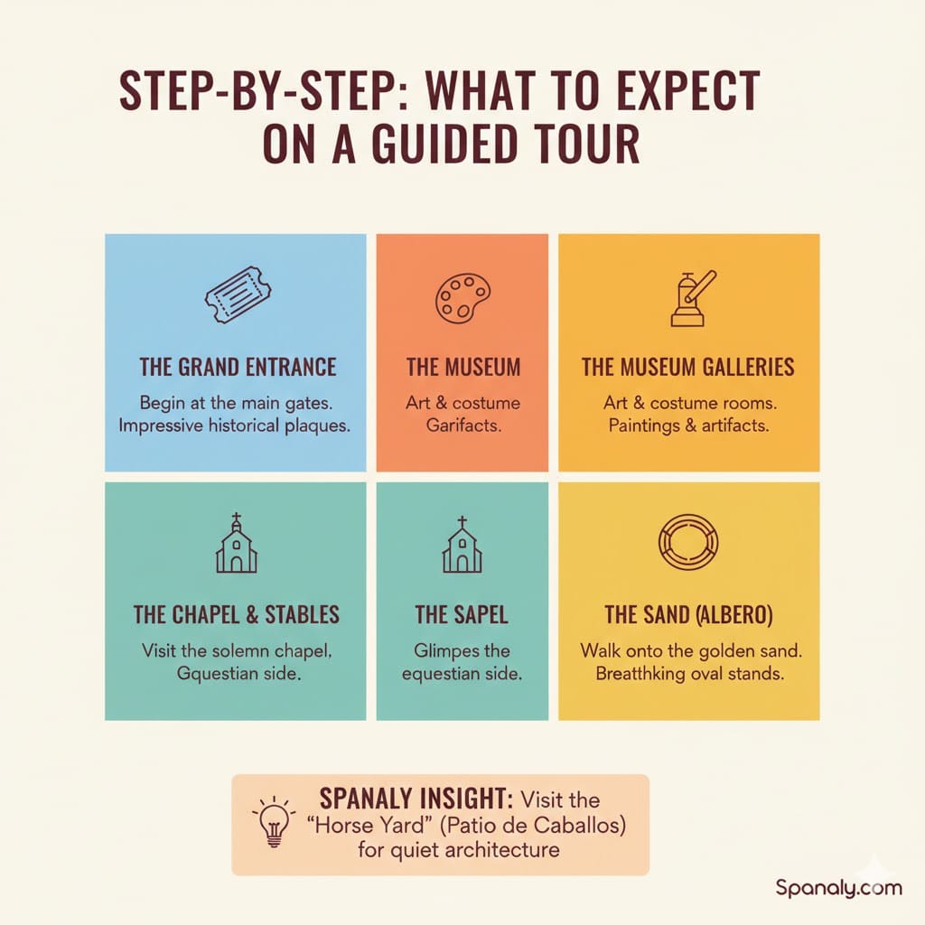 A clean and modern infographic showing the step-by-step visitor guide for the Real Maestranza Bullring in Seville, including the Grand Entrance, Museum Galleries, Chapel, Stables, and the Sand Arena, with a Spanaly insight about the Horse Yard.