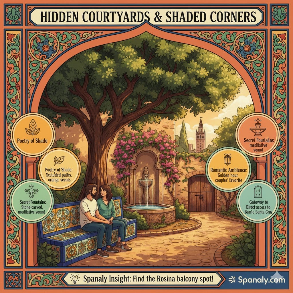 A romantic infographic of hidden courtyards in Jardines de Murillo, Seville, showing a couple on a tiled bench, a secret stone fountain, and a shaded path leading to the Giralda tower view.