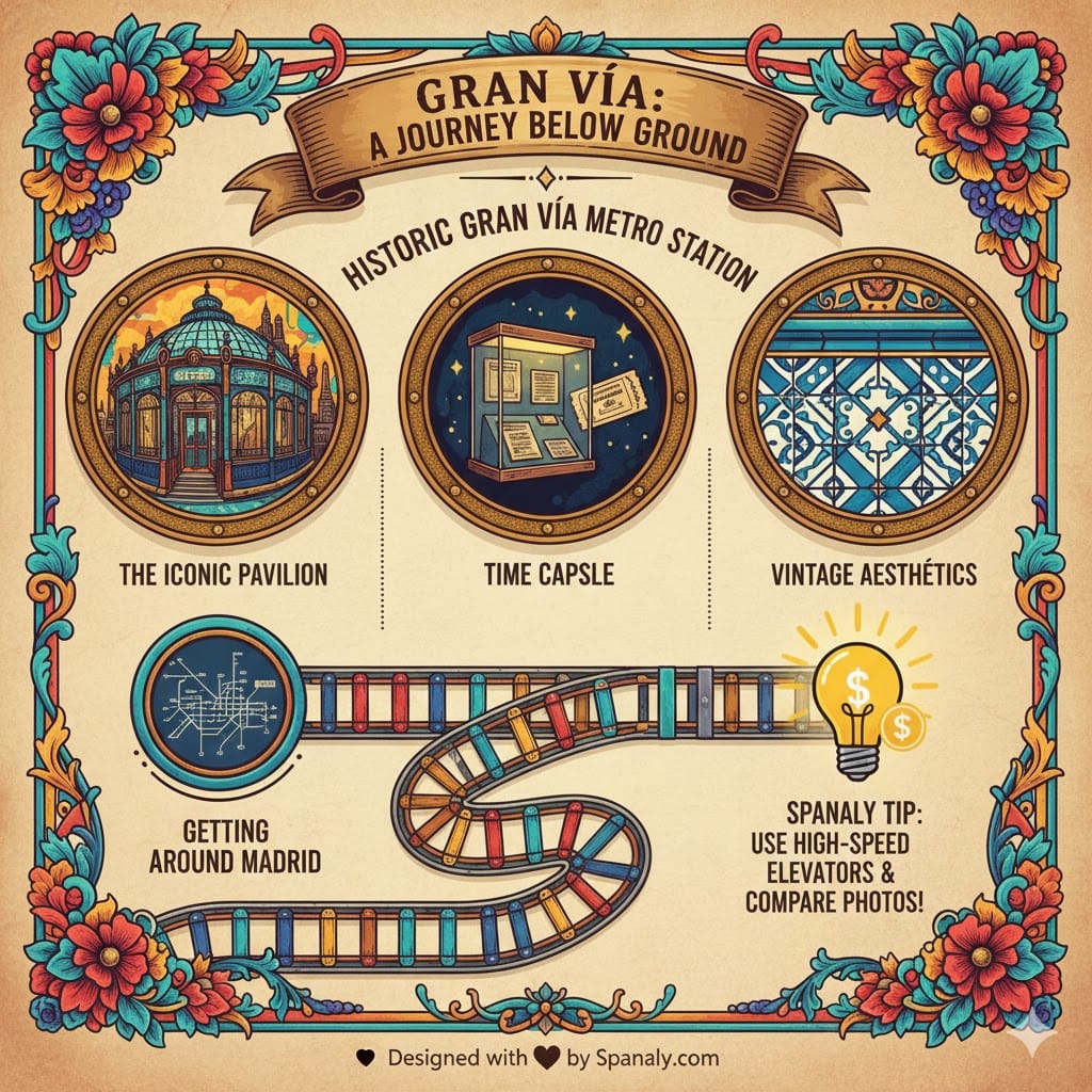 A vibrant infographic about the historic Gran Vía Metro station in Madrid, featuring the iconic pavilion, the museum time capsule, vintage tiles, and tips for navigating Madrid's transport.