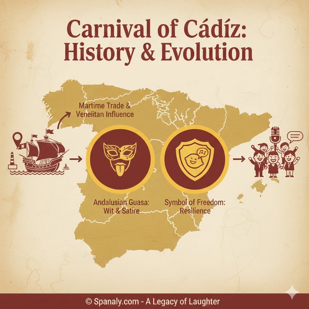 Detailed infographic showing the history and evolution of the Carnival of Cádiz from its 16th-century Venetian roots to modern Andalusian satire, featuring a map of Spain.