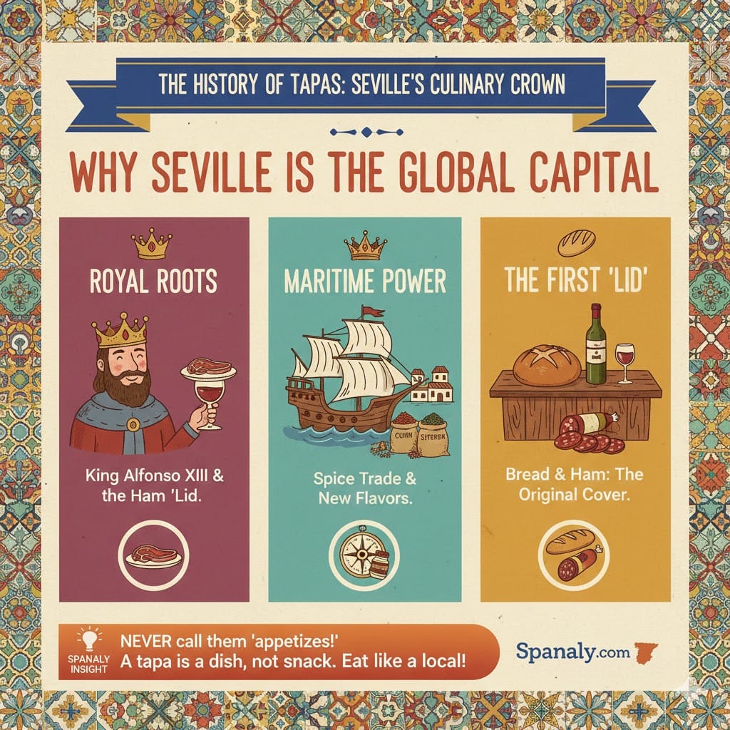 A colorful infographic explaining the history of tapas in Seville, featuring King Alfonso XIII with the ham lid, a maritime ship for the spice trade, and the original bread and wine cover, with a Spanaly insight footer.