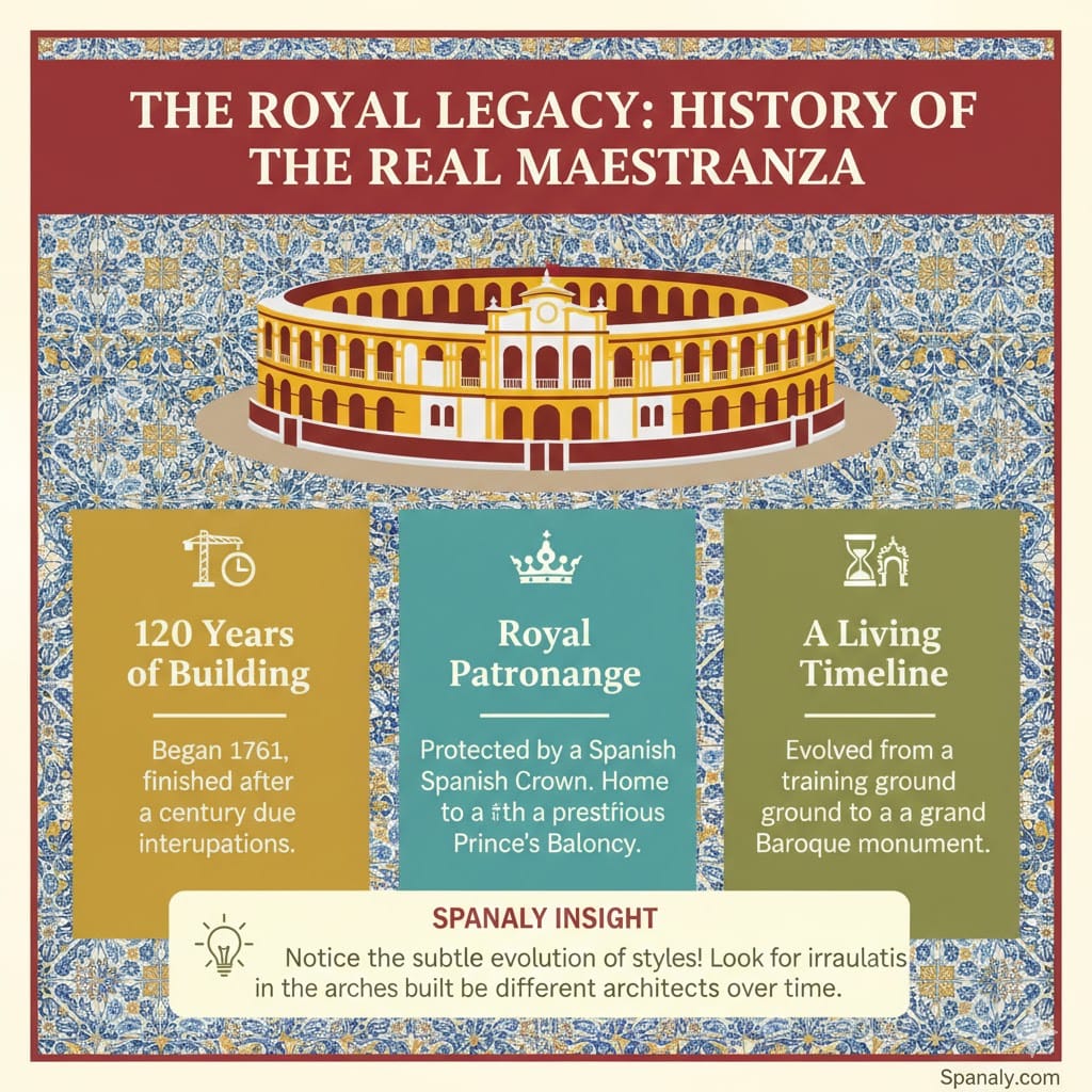 A colorful infographic titled The Royal Legacy: History of the Real Maestranza, featuring its 120-year construction history, royal patronage, and its evolution from a training ground to a Baroque monument, with a Spanaly insight about architectural styles.