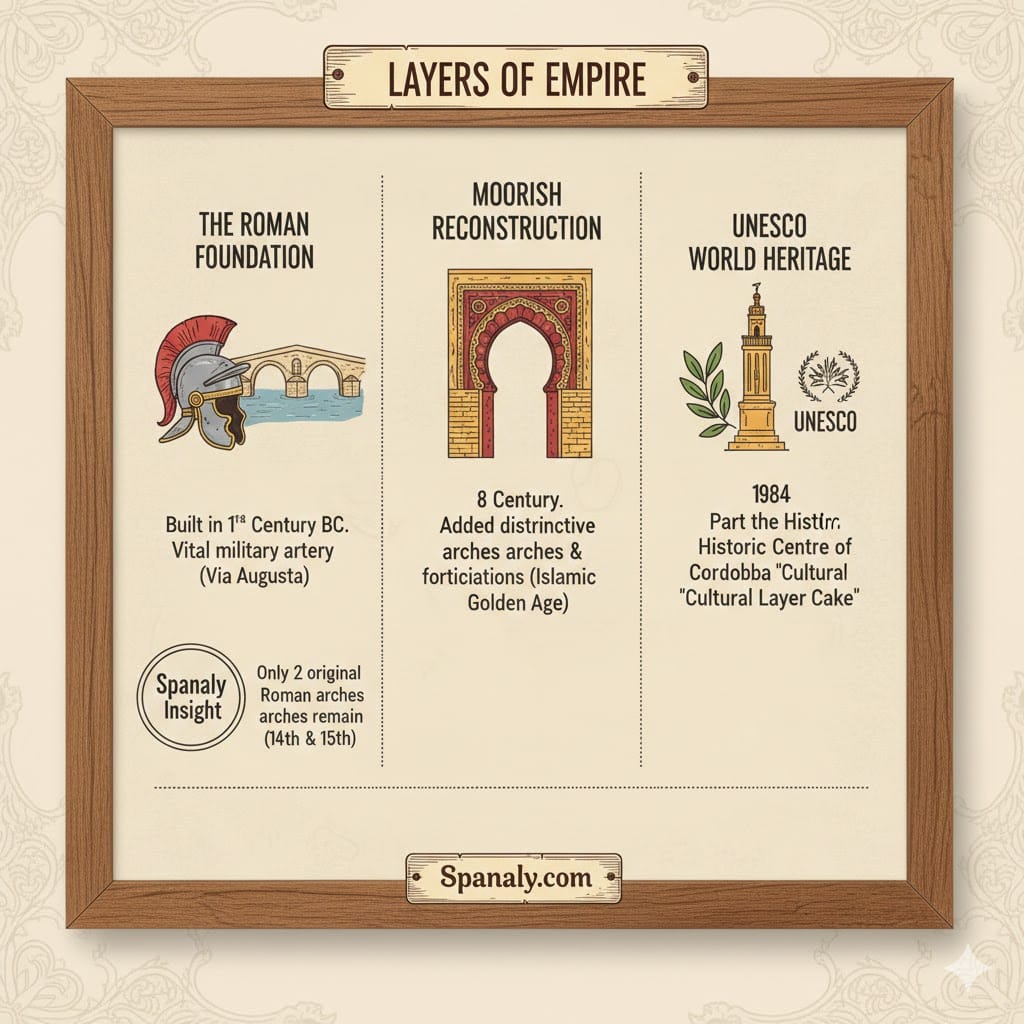 An educational infographic showing the historical evolution of the Roman Bridge of Córdoba, from its Roman foundation in the 1st Century BC to the Moorish reconstruction and UNESCO World Heritage status.