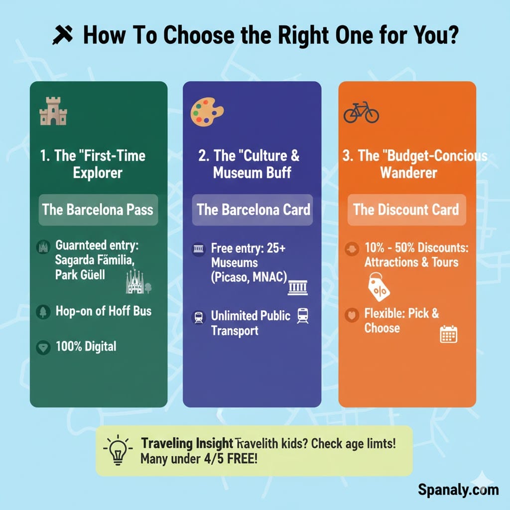 A guide infographic showing three types of travelers for Barcelona City Passes: The First-Time Explorer for The Barcelona Pass, The Culture Buff for The Barcelona Card, and The Budget Wanderer for The Discount Card.