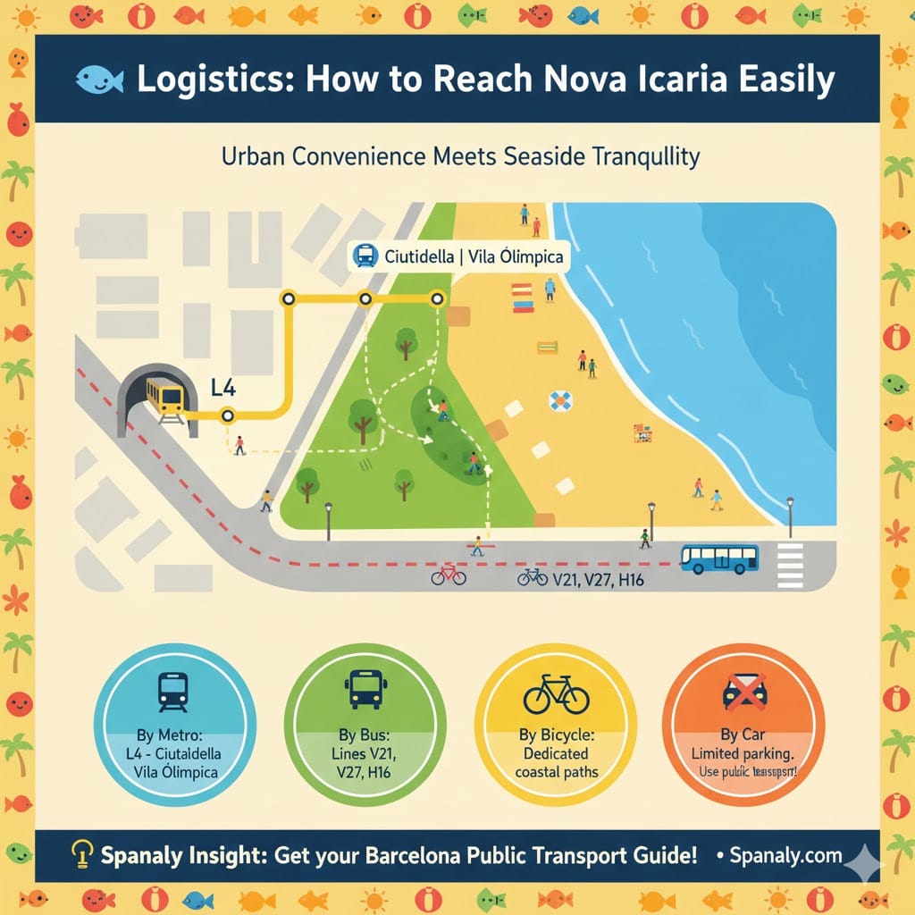 A colorful infographic titled 'Logistics: How to Reach Nova Icaria Easily' featuring a map of Barcelona's coastline. It highlights Metro Line L4 (Ciutadella | Vila Olímpica), bus lines V21, V27, and H16, dedicated bicycle paths, and a warning about limited car parking. Created by Spanaly.com.