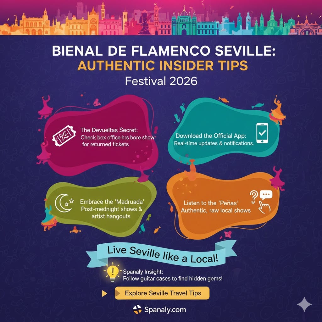 A vibrant, high-contrast infographic by Spanaly featuring expert tips for the Bienal de Flamenco Seville, including the secret to returned tickets, using the official app, embracing the late-night culture, and visiting local flamenco peñas.