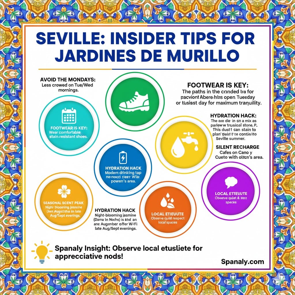 A vibrant social media infographic featuring insider travel tips for Jardines de Murillo in Seville, including hydration hacks, best visiting days, footwear advice, and seasonal scent peaks.