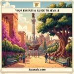 An artistic and colorful illustration of Jardines de Murillo in Seville, featuring the Christopher Columbus monument, ancient city walls, giant Ficus trees, and iconic tiled benches under a bright blue sky.