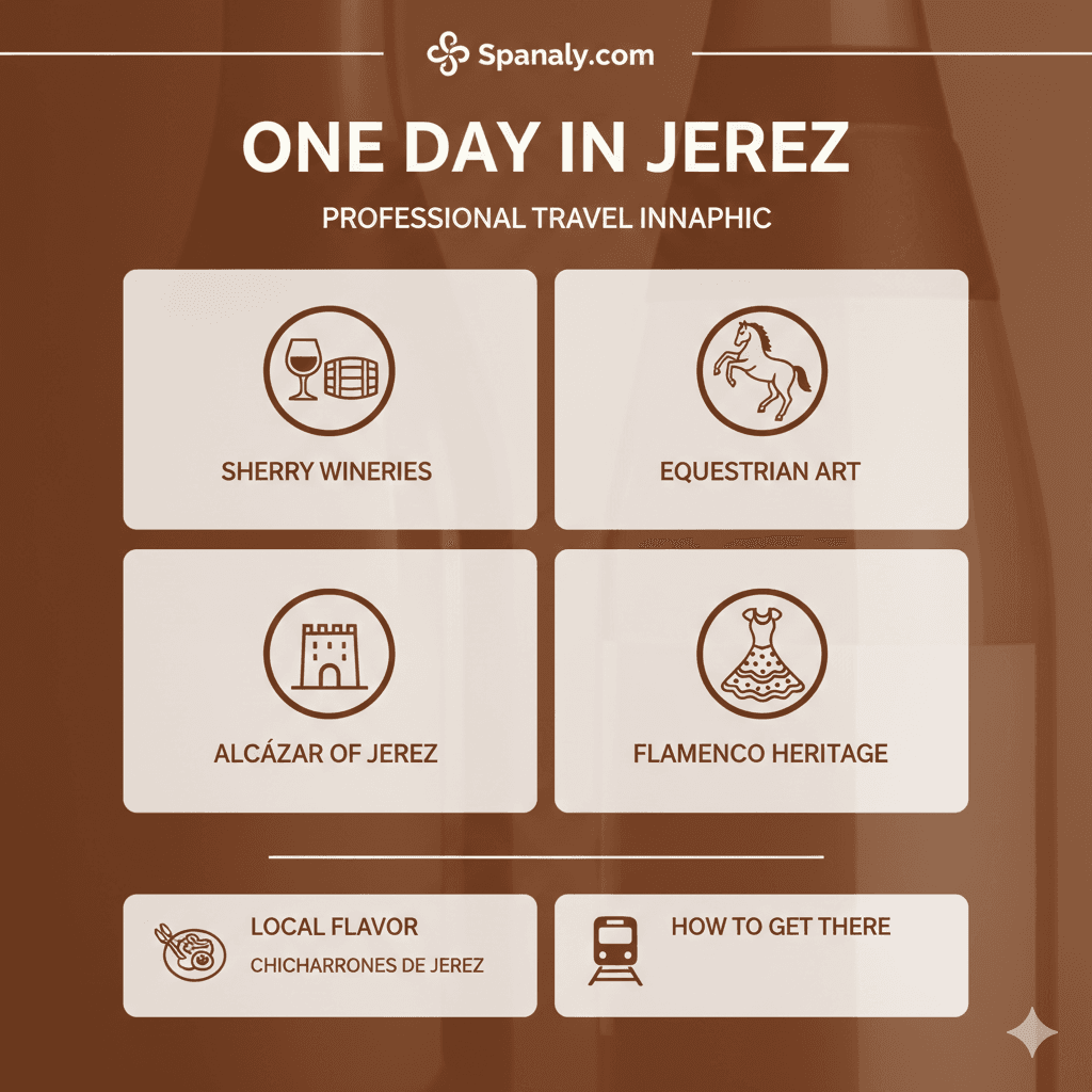 Educational travel infographic for a Jerez de la Frontera day trip from Seville by Spanaly, featuring Sherry wine tasting, Andalusian horse shows, and the historic Alcázar.