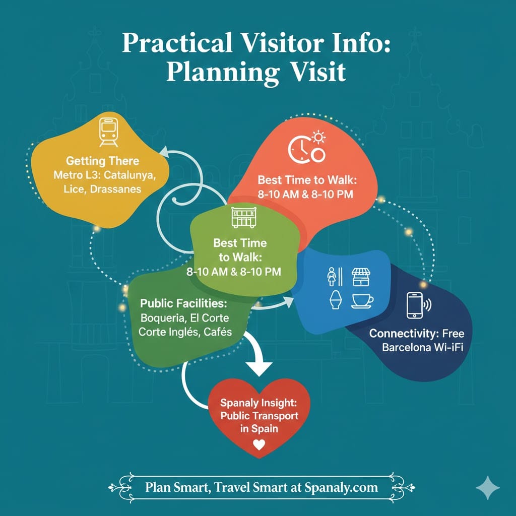 A creative and colorful infographic titled "Practical Visitor Info: Planning Visit" on a dark teal background. It features interconnected organic shapes with icons for Metro L3 stations, best walking times (8-10 AM & PM), public facilities like La Boqueria, and free Barcelona Wi-Fi. Includes a heart-shaped "Spanaly Insight" for public transport. Created by Spanaly.com.