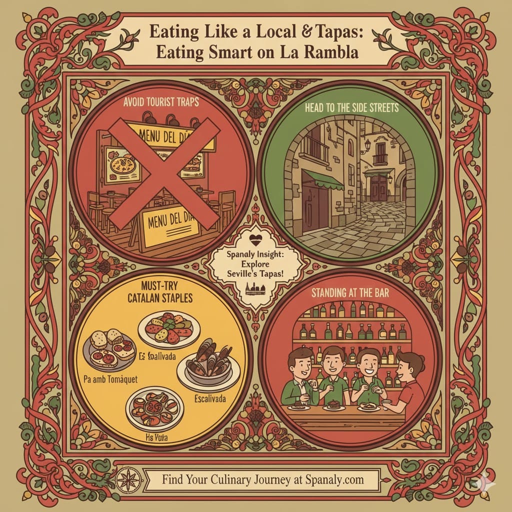 A colorful four-panel infographic titled "Eating Like a Local & Tapas: Eating Smart on La Rambla". Top left: A red "X" over a tourist trap menu. Top right: An illustration of a narrow side street for authentic dining. Bottom left: Icons of Catalan dishes like Pa amb Tomàquet and Escalivada. Bottom right: People enjoying tapas while standing at a bar. Created by Spanaly.com.