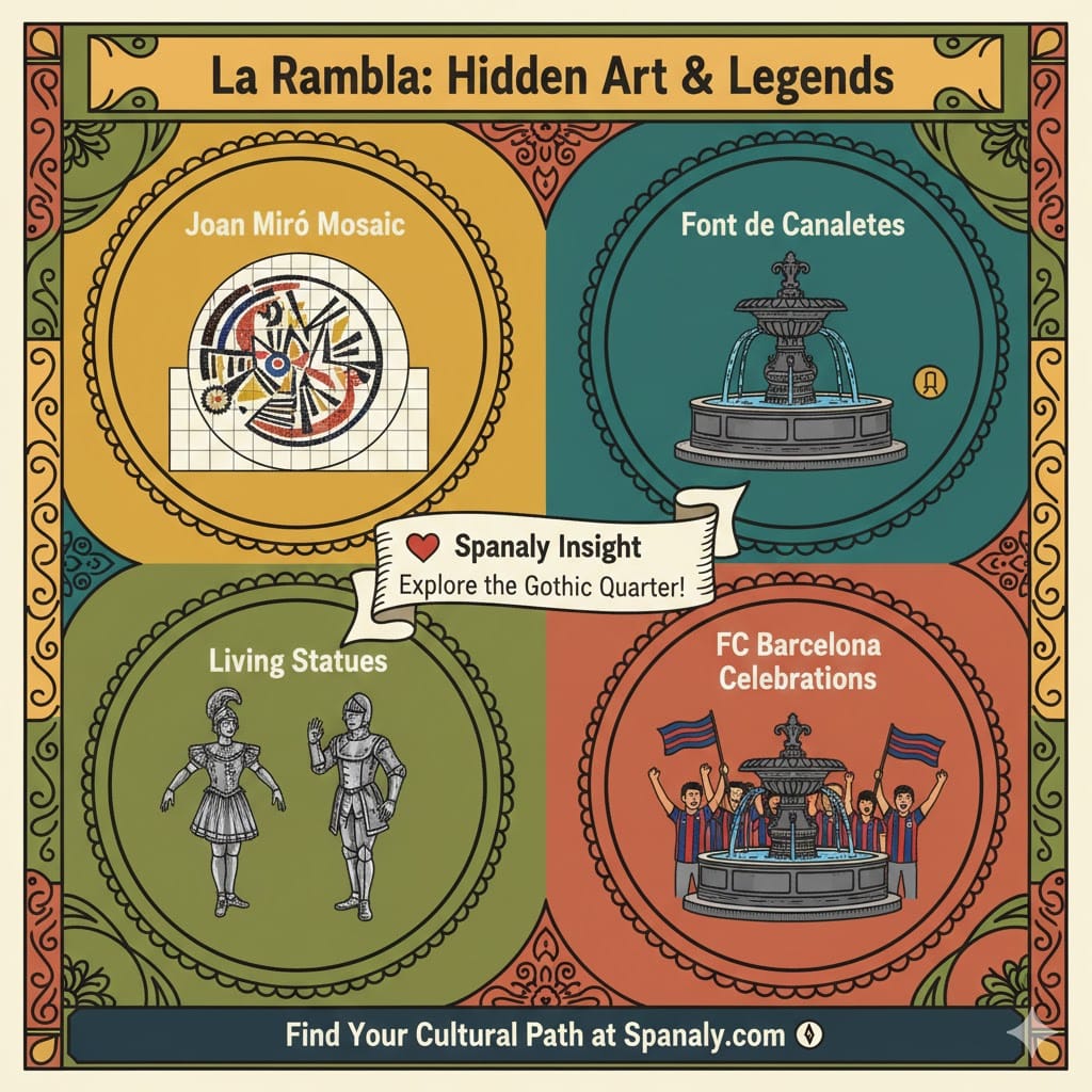 A colorful four-panel infographic titled "La Rambla: Hidden Art & Legends". Top left: Joan Miró Mosaic. Top right: Font de Canaletes. Bottom left: Living Statues. Bottom right: FC Barcelona Celebrations at the fountain. Includes a Spanaly Insight tip to explore the Gothic Quarter. Created by Spanaly.com.