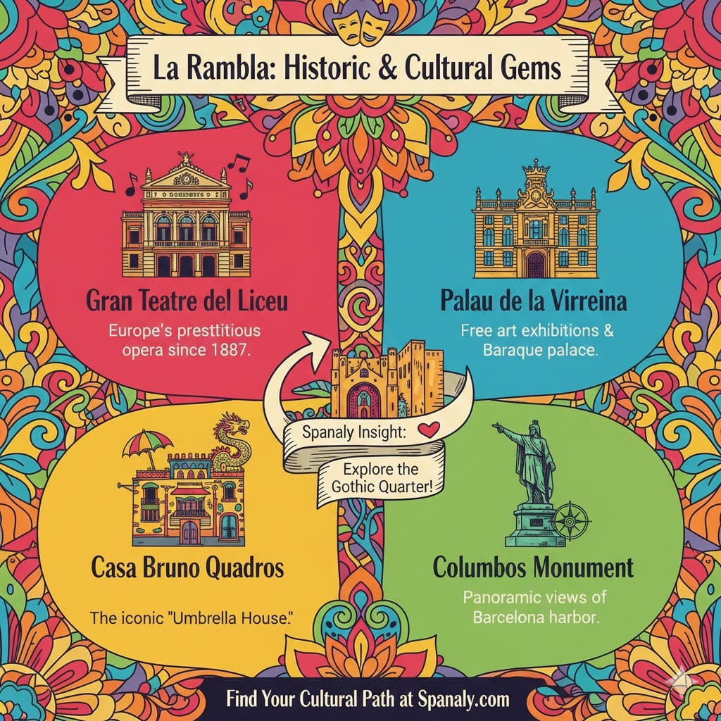 A vibrant four-panel infographic highlighting La Rambla's cultural gems. Top left: Gran Teatre del Liceu. Top right: Palau de la Virreina. Bottom left: Casa Bruno Quadros (Umbrella House). Bottom right: Columbus Monument. Includes a Spanaly Insight tip to explore the Gothic Quarter. Created by Spanaly.com.