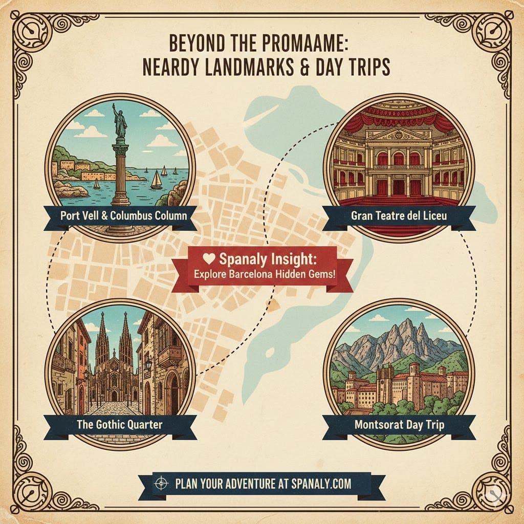 A vintage-style map infographic titled "Beyond the Promenade: Nearby Landmarks & Day Trips". It features four circular vignettes: Port Vell & Columbus Column, Gran Teatre del Liceu, The Gothic Quarter, and Montserrat Day Trip. Each location is connected by dotted lines on a city map background. Created by Spanaly.com.