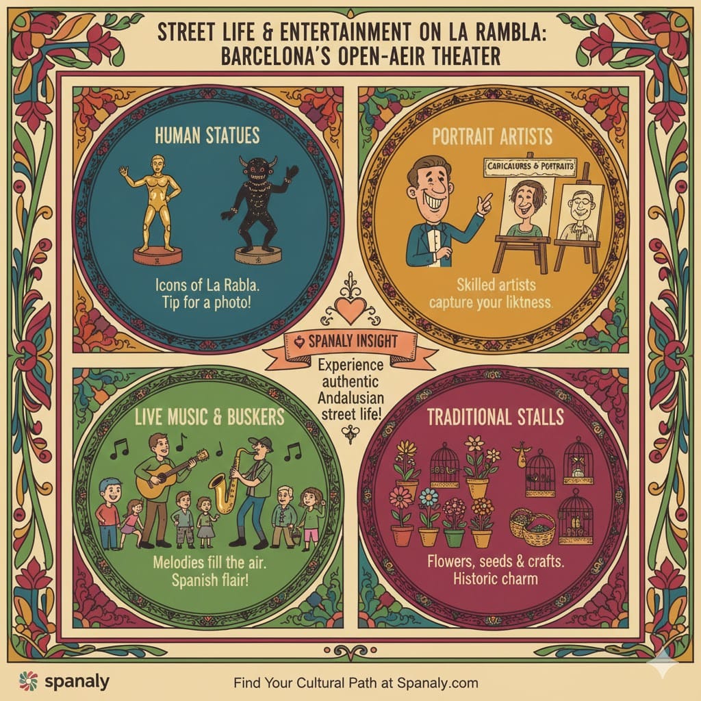 A colorful four-panel infographic titled "Street Life & Entertainment on La Rambla". Top left: Human Statues. Top right: Portrait Artists. Bottom left: Live Music & Buskers. Bottom right: Traditional Stalls with flowers and crafts. Includes a Spanaly Insight about Andalusian street life. Created by Spanaly.com.