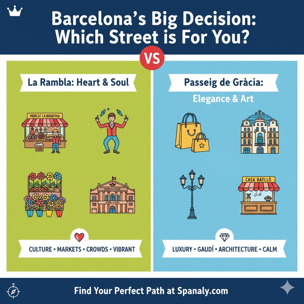 A colorful split-screen infographic comparing La Rambla and Passeig de Gràcia in Barcelona. Left side: La Rambla with icons of La Boqueria Market, street performers, and flower stalls. Right side: Passeig de Gràcia with icons of luxury shopping, modernist street lamps, and Casa Batlló. Created by Spanaly.com.
