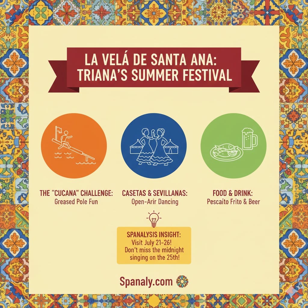 A colorful infographic about La Velá de Santa Ana festival in Triana, Seville, featuring the Cucaña challenge, open-air dancing in casetas, and traditional fried fish with cold beer.