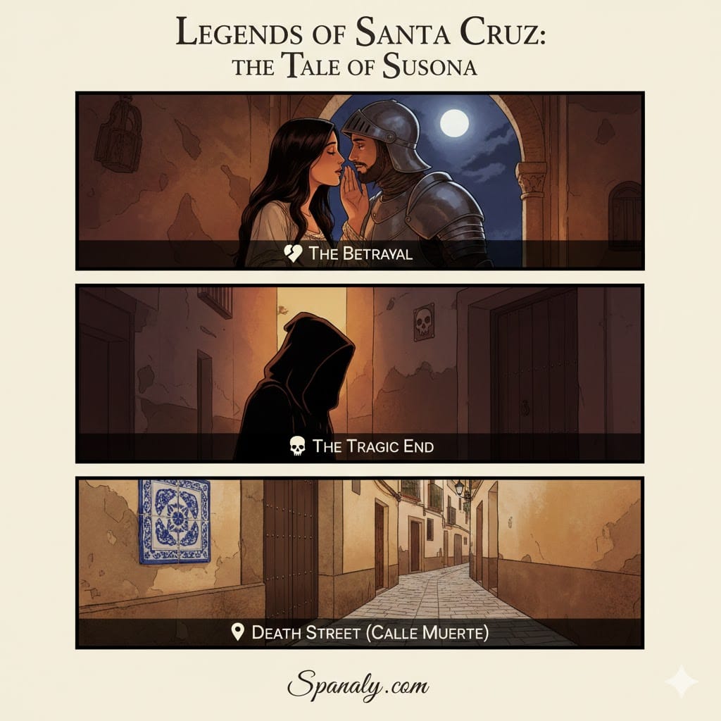 A dramatic storytelling infographic titled "Legends of Santa Cruz: The Tale of Susona". It features three cinematic panels: The Betrayal showing Susona with a knight, The Tragic End showing a hooded figure in a dark alley with a skull symbol, and Death Street (Calle Muerte) showing the actual historic street in Seville today. Created by Spanaly.com.