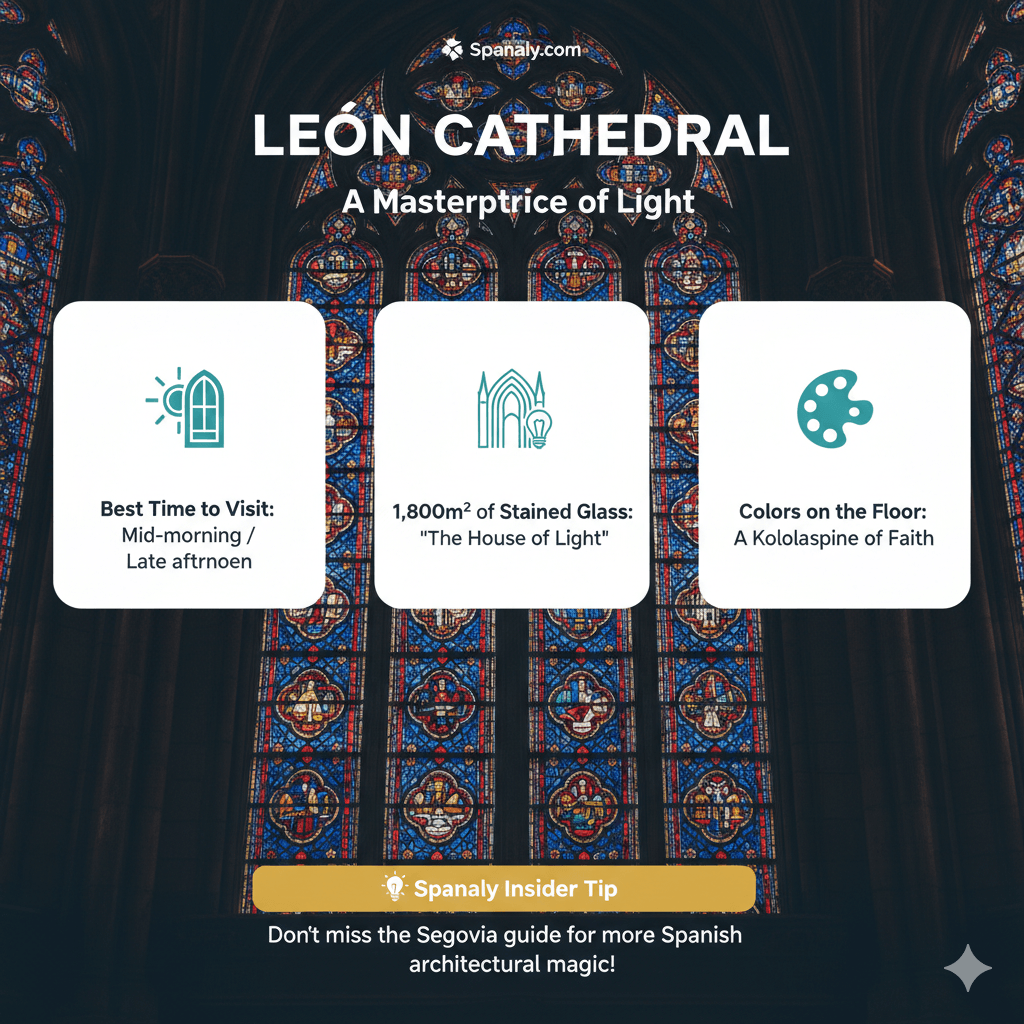 A Gothic architecture infographic of León Cathedral by Spanaly.com, highlighting its 1,800 square meters of stained glass windows. The image features the colorful interior light effect, best visiting times (mid-morning and late afternoon), and its nickname 'The House of Light'.
