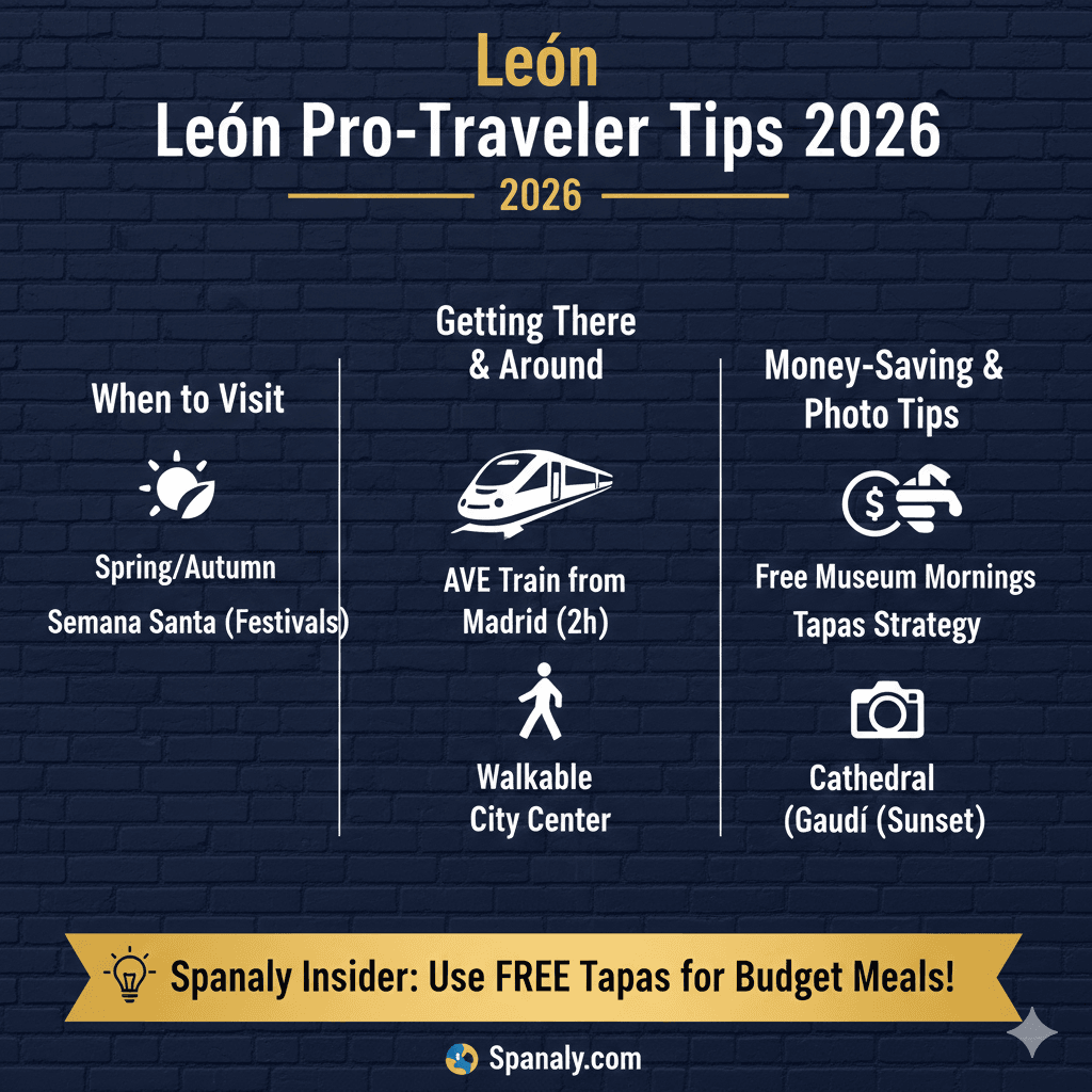 A practical travel infographic by Spanaly.com featuring essential tips for visiting León, Spain. It covers the best time to visit (Spring/Autumn), transportation via AVE train from Madrid, budget-saving tapas strategies, and photography advice for the Cathedral and Gaudí's Casa Botines.