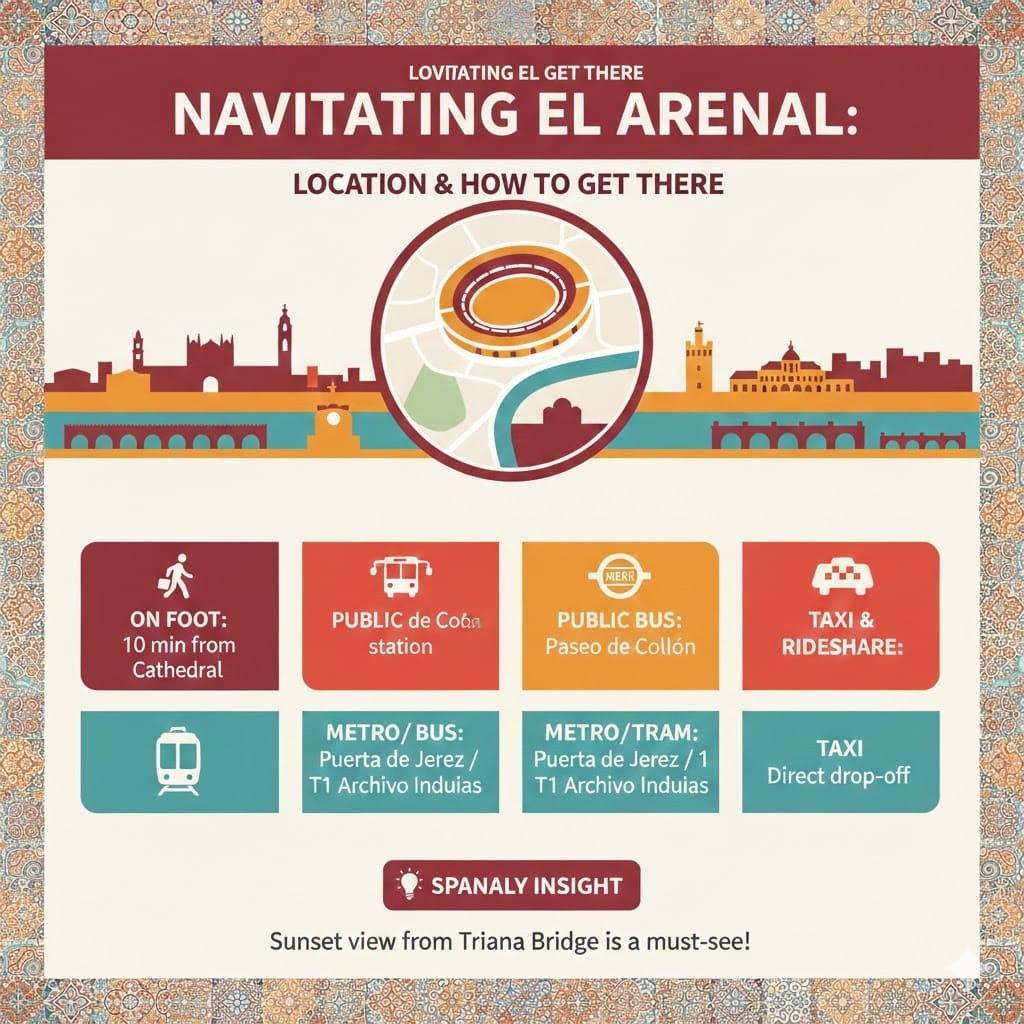 A colorful transportation infographic for the Real Maestranza Bullring in Seville, showing travel options by foot from the Cathedral, public bus stations, Metro at Puerta de Jerez, and taxi drop-off points, with a sunset tip for Triana Bridge.