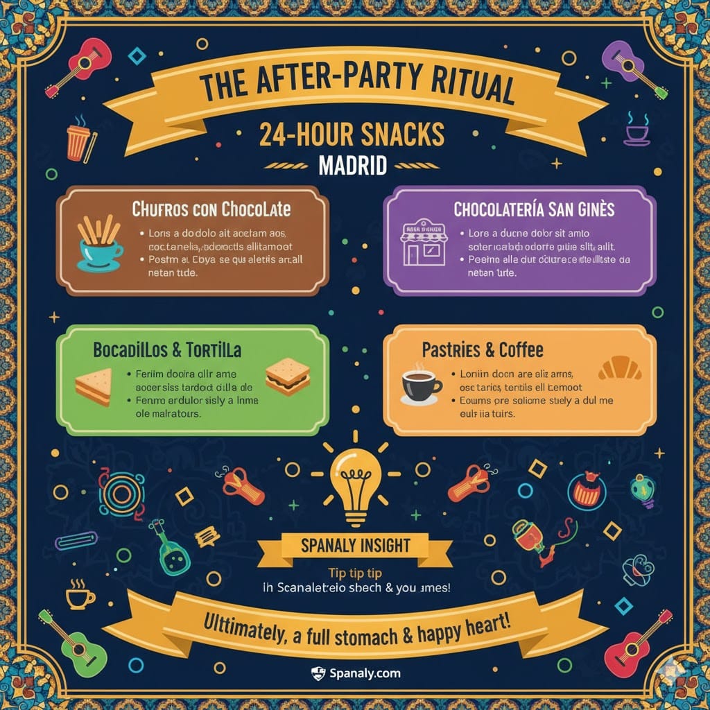A colorful infographic about Madrid's after-party snacks, featuring Churros con Chocolate at San Ginés, savory Bocadillos near Puerta del Sol, and morning pastries by Spanaly.com.