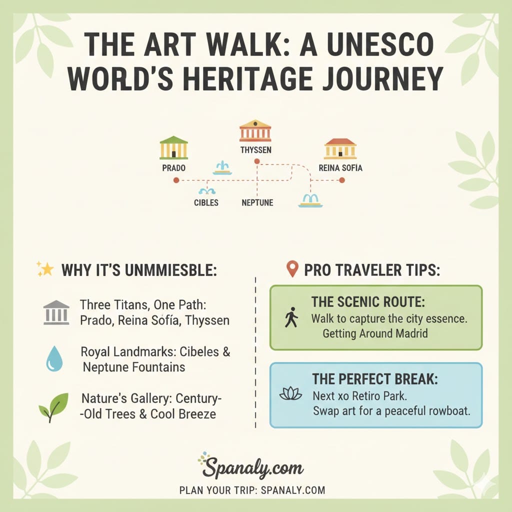 An infographic guide to the Madrid Art Walk (Paseo del Arte), showing the UNESCO route between Prado, Reina Sofía, and Thyssen museums, including Cibeles and Neptune fountains.