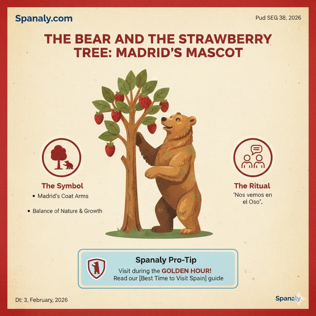 An infographic of the 'El Oso y el Madroño' (The Bear and the Strawberry Tree) statue in Madrid, explaining its symbolism, its role as a meeting point, and a Spanaly pro-tip about the best time to visit.