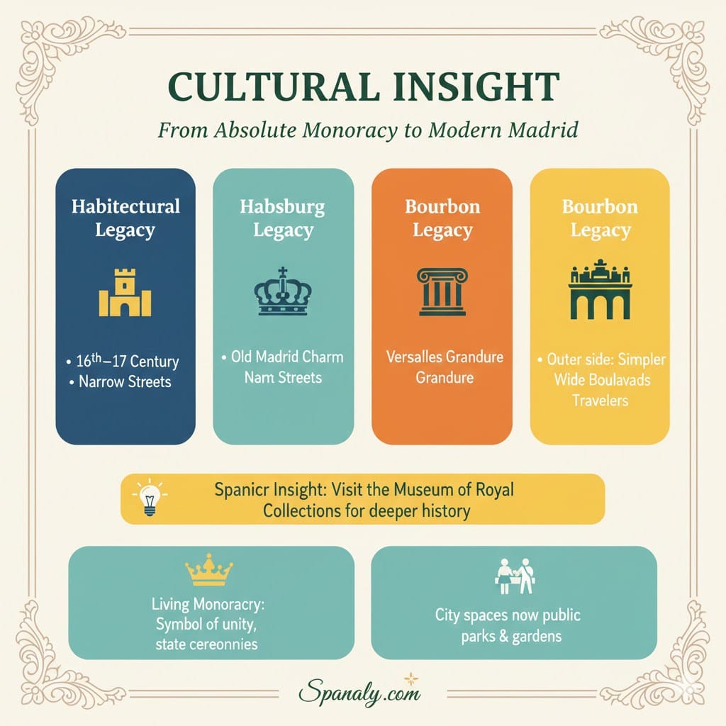 Educational infographic about Madrid's cultural evolution, comparing the Habsburg and Bourbon legacies, the living monarchy, and public city spaces by Spanaly.