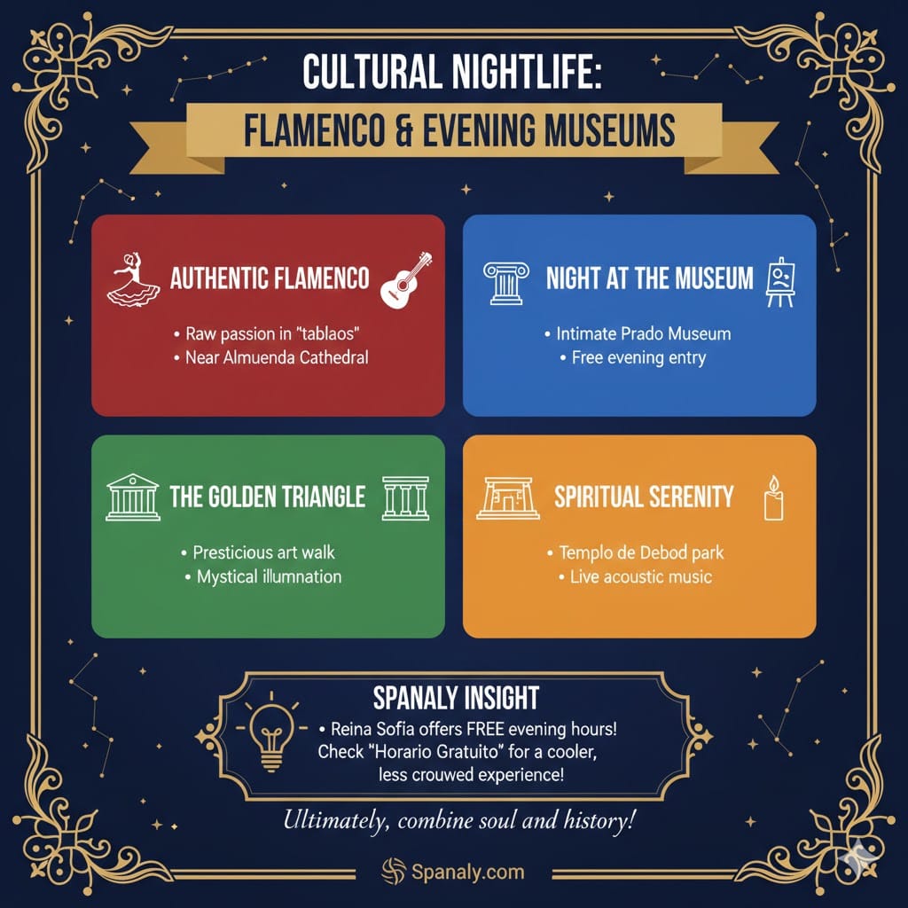 A colorful infographic guide to Madrid's cultural nightlife, featuring flamenco shows near Almudena Cathedral, evening visits to the Prado Museum, the Golden Triangle of Art, and acoustic music at Templo de Debod by Spanaly.com.