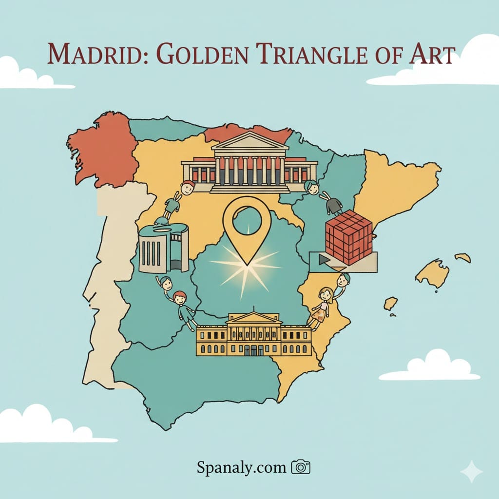 Creative artistic illustration of a map of Spain with the three Madrid museums—Prado, Reina Sofía, and Thyssen—holding hands in a circle at the center, symbolizing the Golden Triangle of Art.