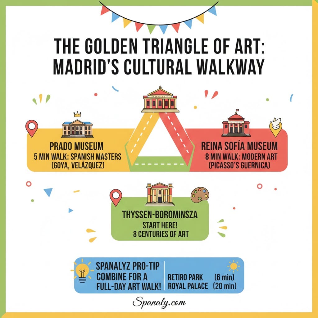 Infographic map of Madrid's Golden Triangle of Art, showing walking distances between Thyssen-Bornemisza, Prado, and Reina Sofía museums.
