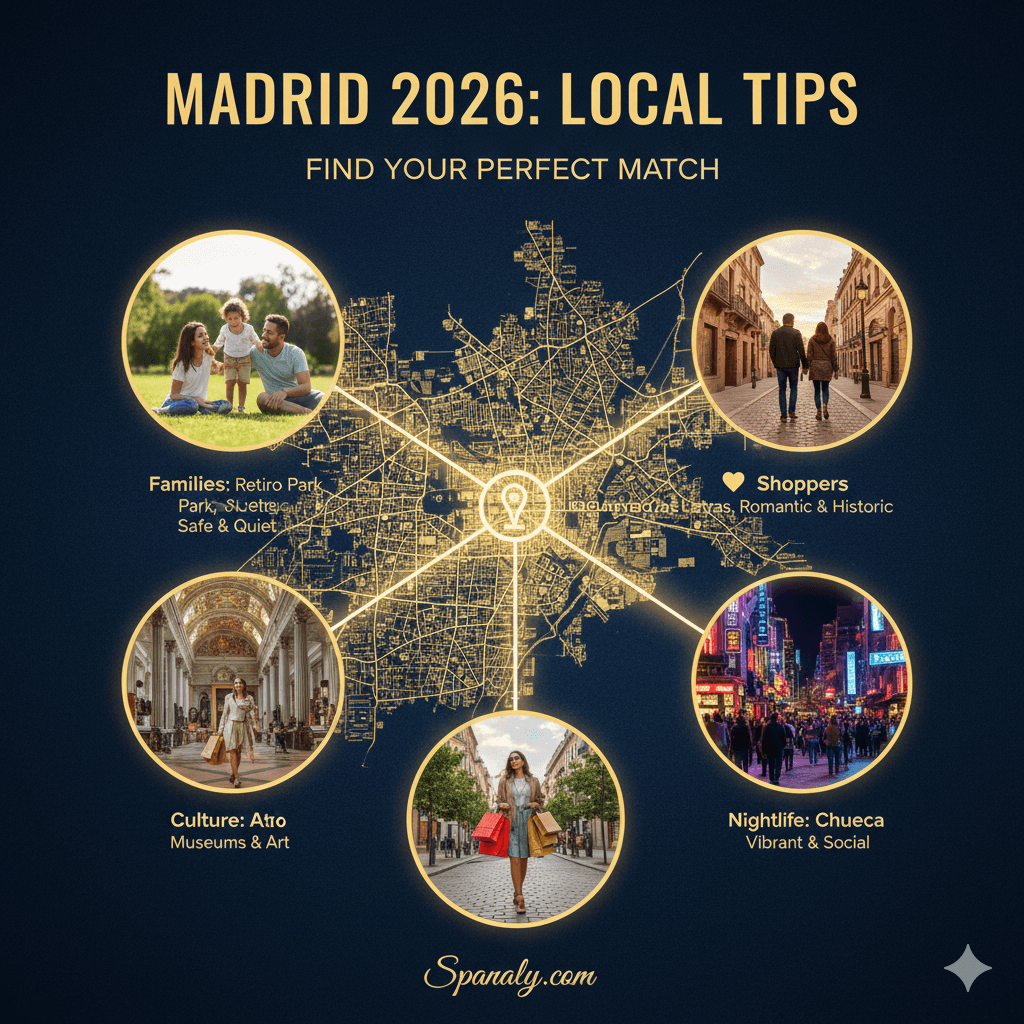 A 2026 infographic providing local tips for staying in Madrid, categorized by traveler type like families, couples, and culture seekers on a Spain map background.