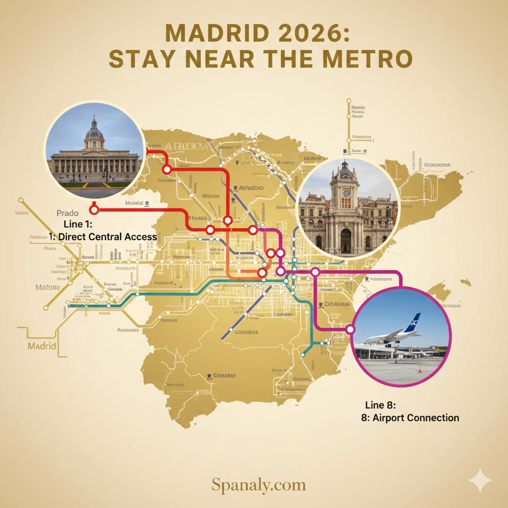 A professional 2026 Madrid Metro guide infographic for travelers, showing key metro lines like Line 1 for central access and Line 8 for the airport, with realistic icons of the Prado Museum and Barajas Airport on a gold Spain map.