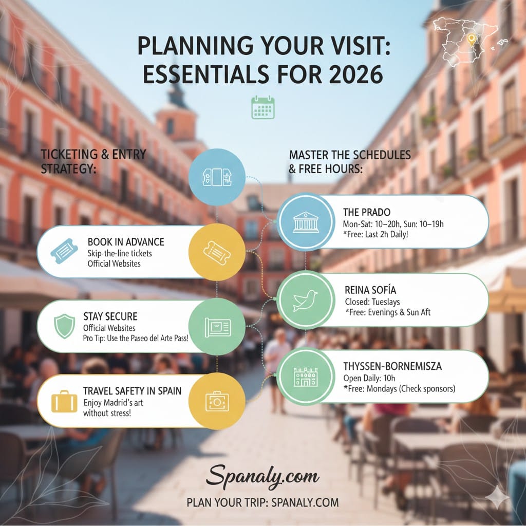 Comprehensive 2026 guide for visiting Madrid's Golden Triangle of Art, featuring museum schedules, free entry hours, and a map of Spain highlighting Madrid.
