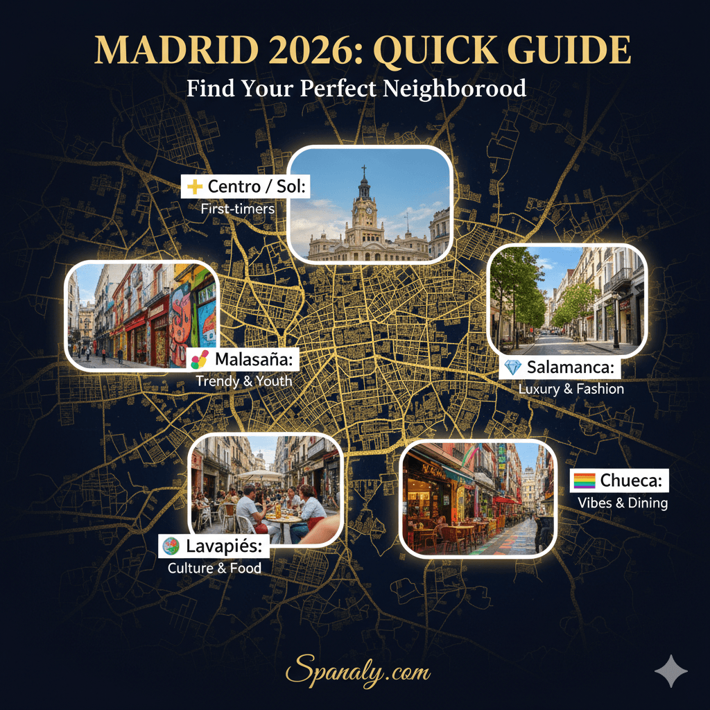 A professional 2026 Madrid quick guide infographic featuring a detailed city map with realistic photo highlights of Centro, Salamanca, Malasaña, Lavapiés, and Chueca for easy neighborhood comparison.