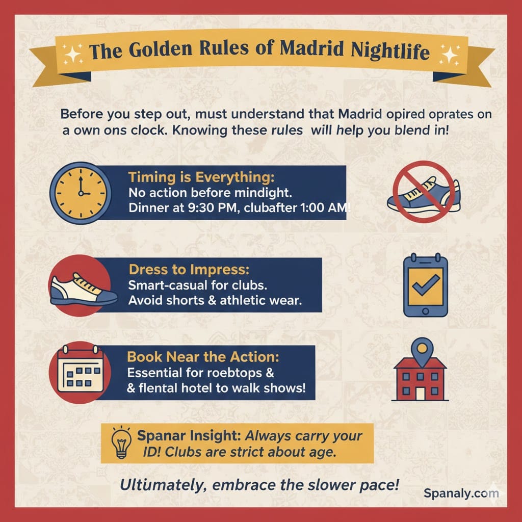 An infographic outlining the golden rules of Madrid nightlife, including timing, dress code, booking tips, and ID requirements, designed by Spanaly.com.